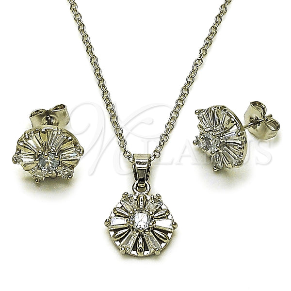 Juego de Arete y Dije de Adulto 10.349.0003 Rodio Laminado, Diseño de Flor y Baguette, con Zirconia Cubica Blanca, Pulido, Rodinado