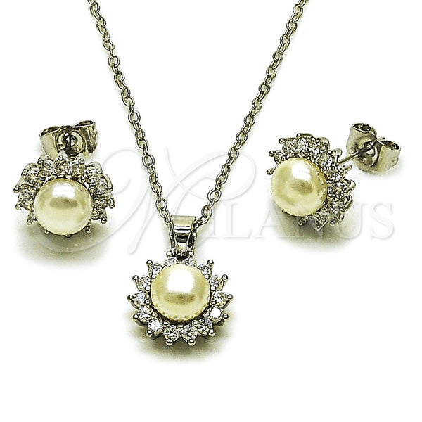 Juego de Arete y Dije de Adulto 10.349.0005 Rodio Laminado, Diseño de Flor y Cluster, con Perla Marfil y Zirconia Cubica Blanca, Pulido, Rodinado