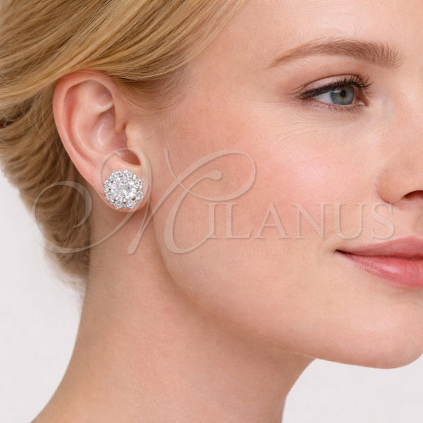 Arete Dormilona 02.349.0011 Rodio Laminado, Diseño de Flor y Cluster, con Zirconia Cubica Blanca, Pulido, Rodinado