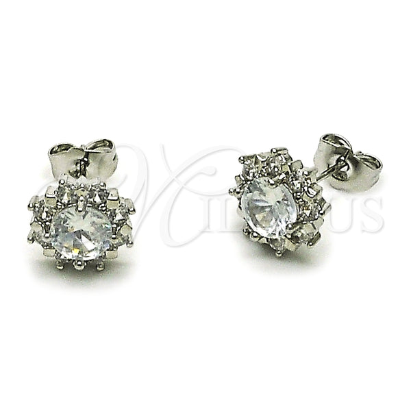 Arete Dormilona 02.349.0011 Rodio Laminado, Diseño de Flor y Cluster, con Zirconia Cubica Blanca, Pulido, Rodinado