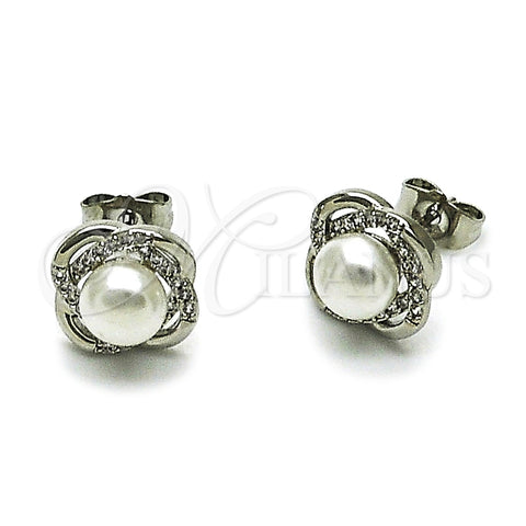 Arete Dormilona 02.349.0013 Rodio Laminado, Diseño de Nudo y Trébol de Cuatro Hojas, con Perla Marfil y Zirconia Cubica Blanca, Pulido, Rodinado