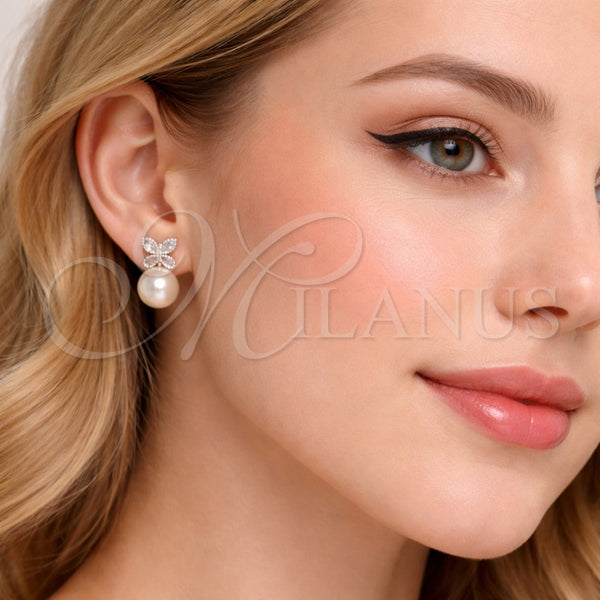 Arete Dormilona 02.349.0015 Rodio Laminado, Diseño de Mariposa y Bola, con Perla Marfil y Zirconia Cubica Blanca, Pulido, Rodinado