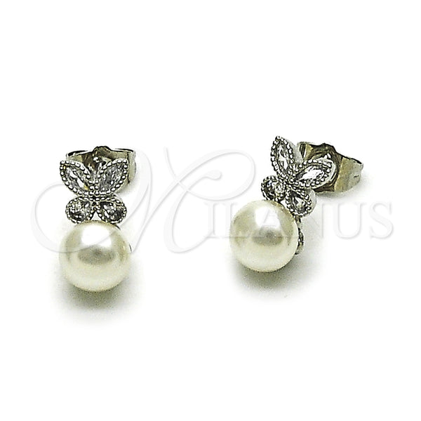 Arete Dormilona 02.349.0015 Rodio Laminado, Diseño de Mariposa y Bola, con Perla Marfil y Zirconia Cubica Blanca, Pulido, Rodinado