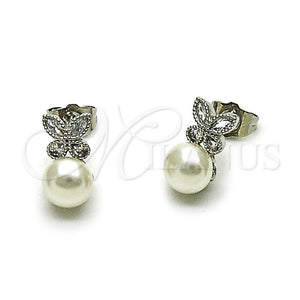 Arete Dormilona 02.349.0015 Rodio Laminado, Diseño de Mariposa y Bola, con Perla Marfil y Zirconia Cubica Blanca, Pulido, Rodinado