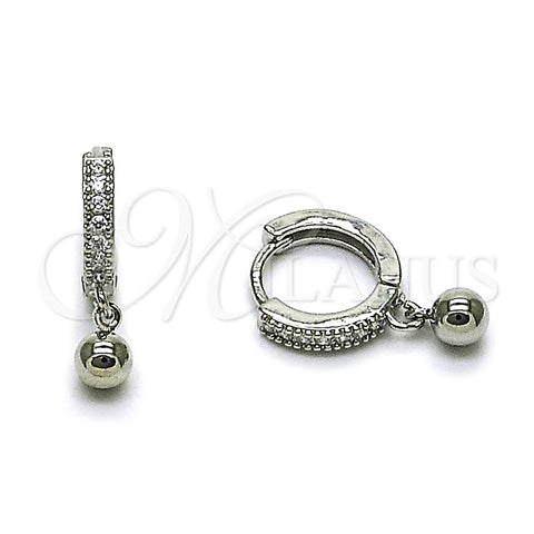 Argolla Huggie 02.349.0018.14 Rodio Laminado, Diseño de Bola, con Zirconia Cubica Blanca, Pulido, Rodinado