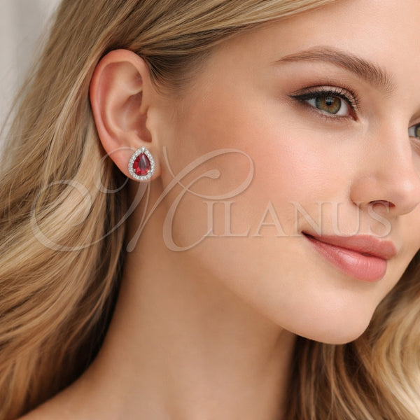 Arete Dormilona 02.349.0023 Rodio Laminado, Diseño de Gota y Cluster, con Zirconia Cubica Granate y Micro Pave Blanca, Pulido, Rodinado