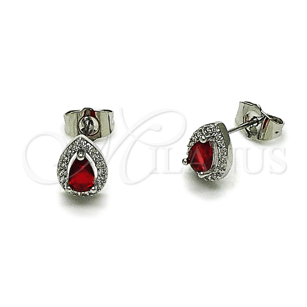 Arete Dormilona 02.349.0023 Rodio Laminado, Diseño de Gota y Cluster, con Zirconia Cubica Granate y Micro Pave Blanca, Pulido, Rodinado