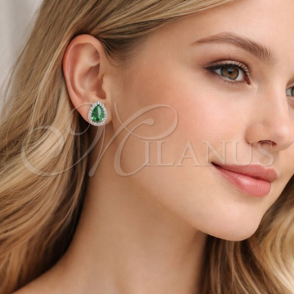 Arete Dormilona 02.349.0023.1 Rodio Laminado, Diseño de Gota y Cluster, con Zirconia Cubica Verde y Micro Pave Blanca, Pulido, Rodinado