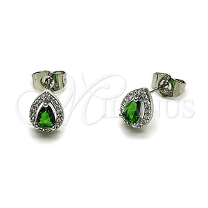 Arete Dormilona 02.349.0023.1 Rodio Laminado, Diseño de Gota y Cluster, con Zirconia Cubica Verde y Micro Pave Blanca, Pulido, Rodinado