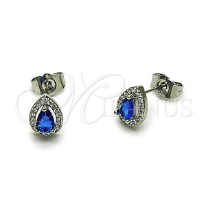 Arete Dormilona 02.349.0023.2 Rodio Laminado, Diseño de Gota y Cluster, con Zirconia Cubica Zafiro Azul y Micro Pave Blanca, Pulido, Rodinado