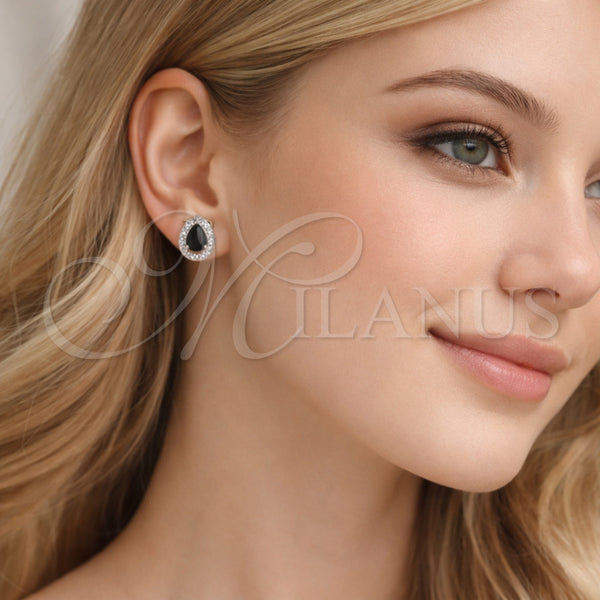 Arete Dormilona 02.349.0023.3 Rodio Laminado, Diseño de Gota y Cluster, con Zirconia Cubica Negro y Micro Pave Blanca, Pulido, Rodinado
