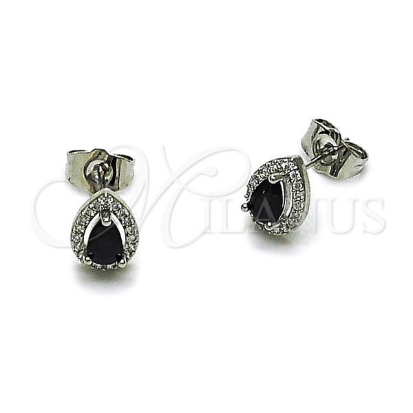 Arete Dormilona 02.349.0023.3 Rodio Laminado, Diseño de Gota y Cluster, con Zirconia Cubica Negro y Micro Pave Blanca, Pulido, Rodinado