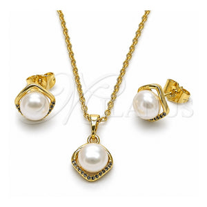 Juego de Arete y Dije de Adulto 10.379.0107 Oro Laminado, Diseño de Cluster, con Perla Marfil y Micro Pave Blanca, Pulido, Tono Dorado