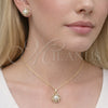 Juego de Arete y Dije de Adulto 10.379.0108 Oro Laminado, Diseño de Flor, con Perla Marfil y Micro Pave Blanca, Pulido, Tono Dorado