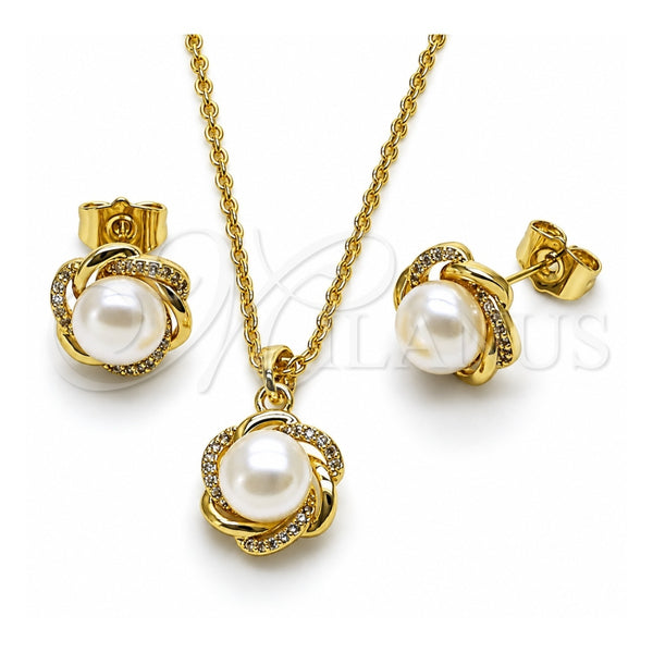 Juego de Arete y Dije de Adulto 10.379.0108 Oro Laminado, Diseño de Flor, con Perla Marfil y Micro Pave Blanca, Pulido, Tono Dorado