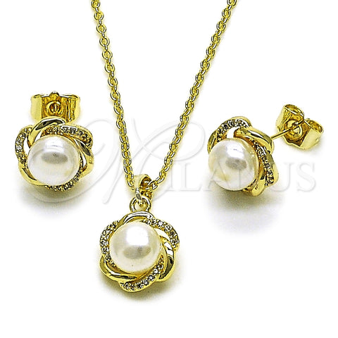 Juego de Arete y Dije de Adulto 10.379.0108 Oro Laminado, Diseño de Flor, con Perla Marfil y Micro Pave Blanca, Pulido, Tono Dorado