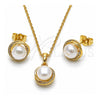Juego de Arete y Dije de Adulto 10.379.0109 Oro Laminado, Diseño de Nudo, con Perla Marfil y Micro Pave Blanca, Pulido, Tono Dorado