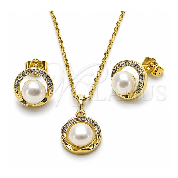 Juego de Arete y Dije de Adulto 10.379.0110 Oro Laminado, Diseño de Cluster, con Perla Marfil y Micro Pave Blanca, Pulido, Tono Dorado