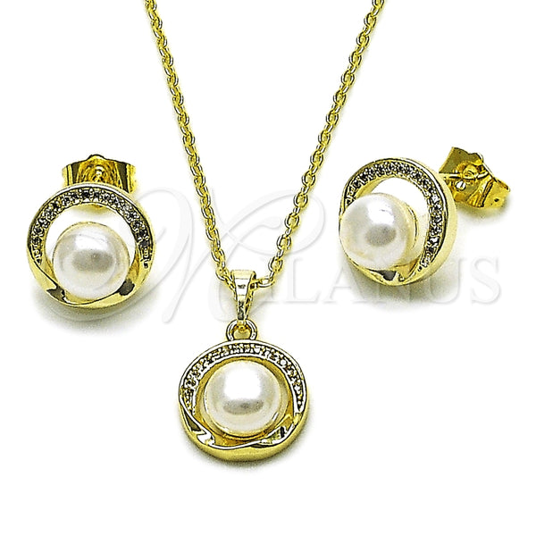 Juego de Arete y Dije de Adulto 10.379.0110 Oro Laminado, Diseño de Cluster, con Perla Marfil y Micro Pave Blanca, Pulido, Tono Dorado