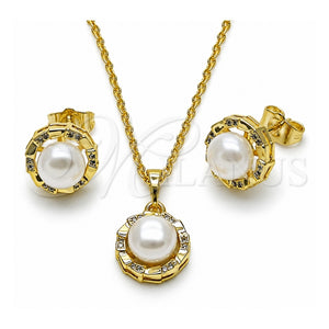 Juego de Arete y Dije de Adulto 10.379.0111 Oro Laminado, Diseño de Flor, con Perla Marfil y Micro Pave Blanca, Pulido, Tono Dorado