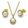 Juego de Arete y Dije de Adulto 10.379.0111 Oro Laminado, Diseño de Flor, con Perla Marfil y Micro Pave Blanca, Pulido, Tono Dorado
