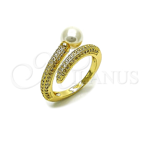 Anillo Multi Piedra 01.438.0004.1 Oro Laminado, Diseño de Clavo y Bola, con Perla Marfil y Micro Pave Blanca, Pulido, Tono Dorado (Talla Unica)