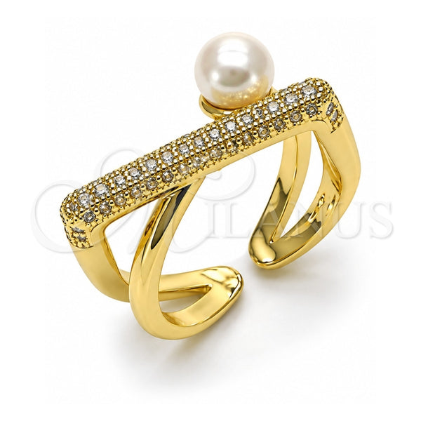 Anillo Multi Piedra 01.438.0005.1 Oro Laminado, Diseño de Bola, con Micro Pave Blanca y Perla Marfil, Pulido, Tono Dorado (Talla Unica)