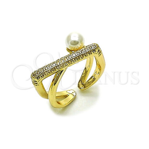 Anillo Multi Piedra 01.438.0005.1 Oro Laminado, Diseño de Bola, con Micro Pave Blanca y Perla Marfil, Pulido, Tono Dorado (Talla Unica)