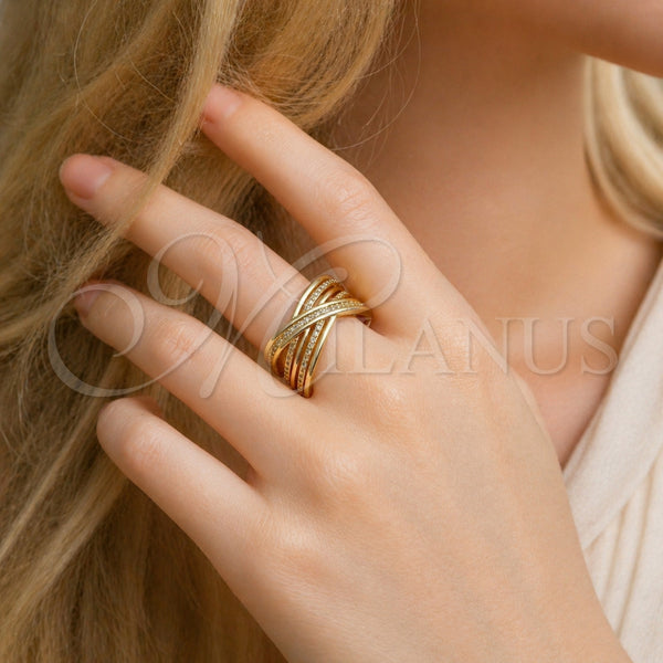 Anillo Multi Piedra 01.438.0008.1 Oro Laminado, Diseño de Torcido, con Micro Pave Blanca, Pulido, Tono Dorado (Talla Unica)