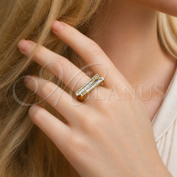 Anillo Multi Piedra 01.438.0009.1 Oro Laminado, Diseño de Baguette, con Zirconia Cubica Blanca y Micro Pave Blanca, Pulido, Tono Dorado (Talla Unica)