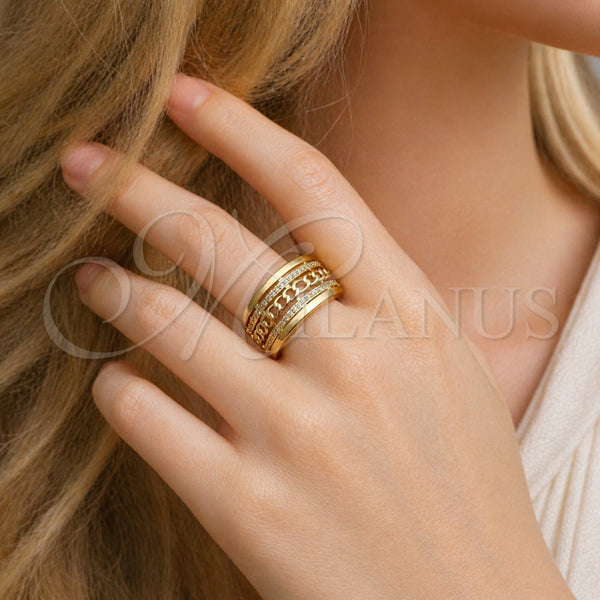 Anillo Multi Piedra 01.438.0010.1 Oro Laminado, Diseño de Miami Cubana, con Micro Pave Blanca, Pulido, Tono Dorado (Talla Unica)