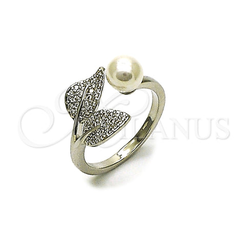 Anillo Multi Piedra 01.438.0013 Rodio Laminado, Diseño de Cereza, con Perla Marfil y Micro Pave Blanca, Pulido, Rodinado (Talla Unica)