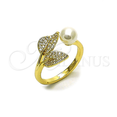 Anillo Multi Piedra 01.438.0013.1 Oro Laminado, Diseño de Cereza, con Perla Marfil y Micro Pave Blanca, Pulido, Tono Dorado (Talla Unica)