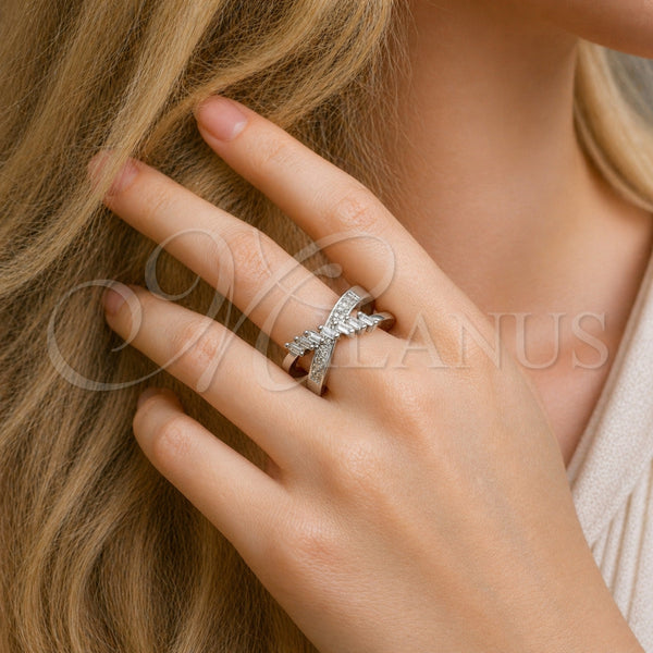 Anillo Multi Piedra 01.438.0014 Rodio Laminado, Diseño de Baguette, con Zirconia Cubica Blanca y Micro Pave Blanca, Pulido, Rodinado (Talla Unica)