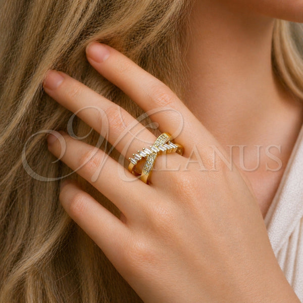 Anillo Multi Piedra 01.438.0014.1 Oro Laminado, Diseño de Baguette, con Zirconia Cubica Blanca y Micro Pave Blanca, Pulido, Tono Dorado (Talla Unica)