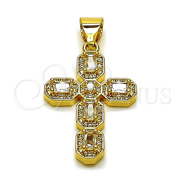 Dije Religioso 05.342.0244 Oro Laminado, Diseño de Cruz y Cluster, con Zirconia Cubica Blanca y Micro Pave Blanca, Pulido, Tono Dorado