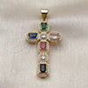 Dije Religioso 05.342.0254 Oro Laminado, Diseño de Cruz y Cluster, con Zirconia Cubica Multicolor y Micro Pave Blanca, Pulido, Tono Dorado