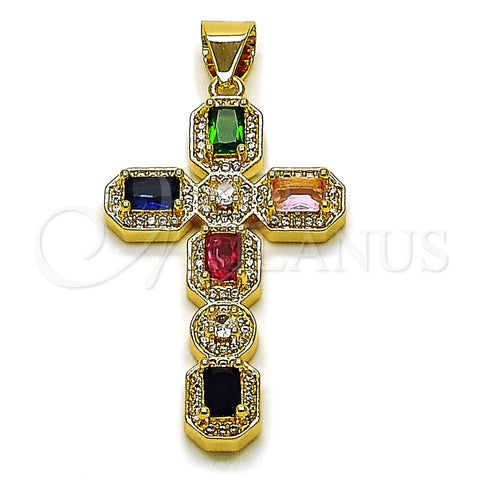 Dije Religioso 05.342.0254 Oro Laminado, Diseño de Cruz y Cluster, con Zirconia Cubica Multicolor y Micro Pave Blanca, Pulido, Tono Dorado