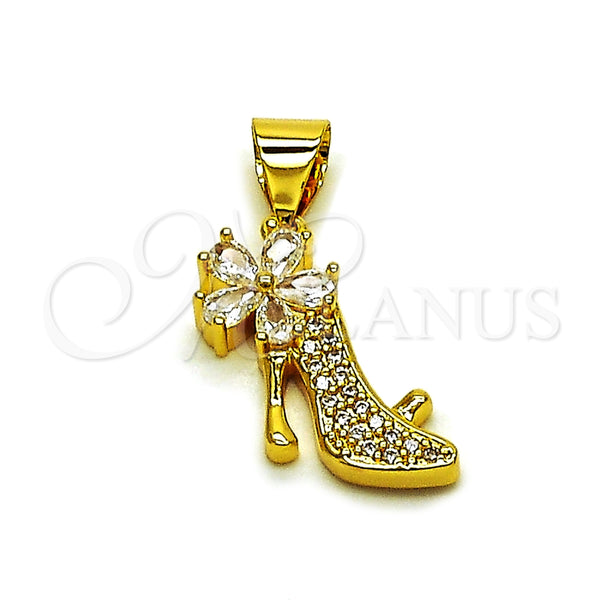 Dije Elegante 05.342.0268 Oro Laminado, Diseño de Zapato y Flor, con Zirconia Cubica Blanca y Micro Pave Blanca, Pulido, Tono Dorado