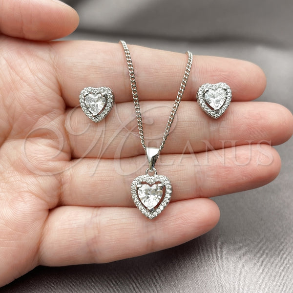 Juego de Arete y Dije de Adulto 10.342.0283 Rodio Laminado, Diseño de Corazón y Cluster, con Zirconia Cubica Blanca, Pulido, Rodinado