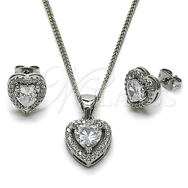 Juego de Arete y Dije de Adulto 10.342.0283 Rodio Laminado, Diseño de Corazón y Cluster, con Zirconia Cubica Blanca, Pulido, Rodinado