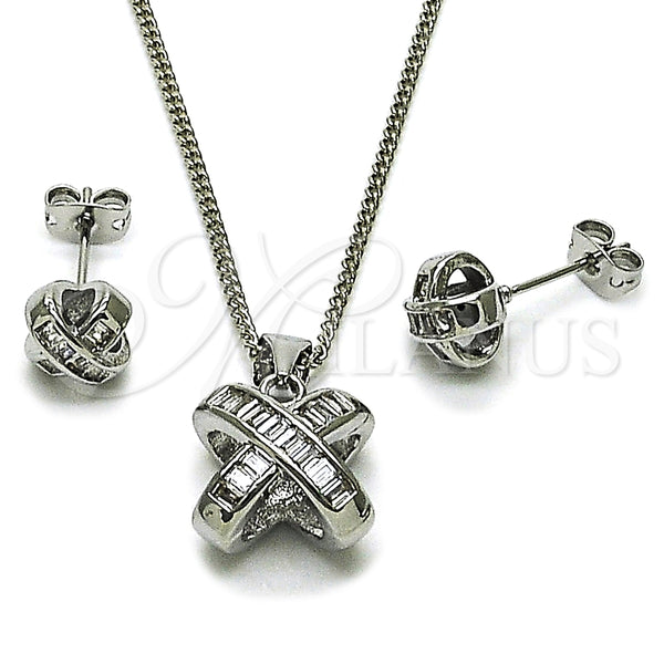 Juego de Arete y Dije de Adulto 10.342.0223.1 Rodio Laminado, Diseño de Baguette y Nudo, con Zirconia Cubica Blanca, Pulido, Rodinado