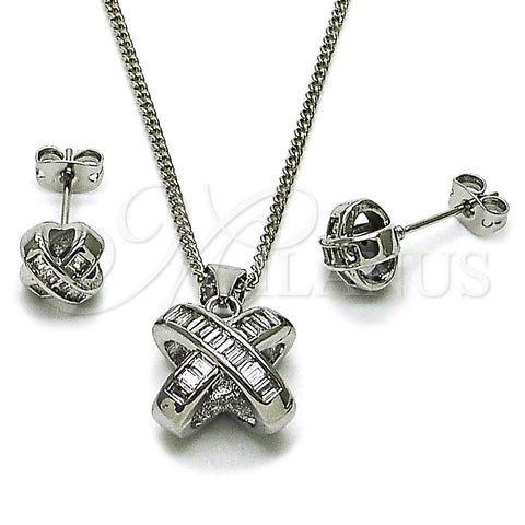 Juego de Arete y Dije de Adulto 10.342.0223.1 Rodio Laminado, Diseño de Baguette y Nudo, con Zirconia Cubica Blanca, Pulido, Rodinado