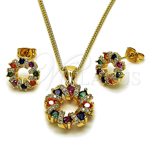 Juego de Arete y Dije de Adulto 10.342.0309 Oro Laminado, Diseño de Flor, con Zirconia Cubica Multicolor y Micro Pave Blanca, Pulido, Tono Dorado