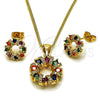 Juego de Arete y Dije de Adulto 10.342.0309 Oro Laminado, Diseño de Flor, con Zirconia Cubica Multicolor y Micro Pave Blanca, Pulido, Tono Dorado
