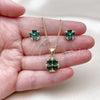 Juego de Arete y Dije de Adulto 10.342.0310 Oro Laminado, Diseño de Trébol de Cuatro Hojas y Corazón, con Zirconia Cubica Verde y Blanca, Pulido, Tono Dorado