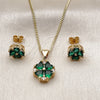 Juego de Arete y Dije de Adulto 10.342.0310 Oro Laminado, Diseño de Trébol de Cuatro Hojas y Corazón, con Zirconia Cubica Verde y Blanca, Pulido, Tono Dorado
