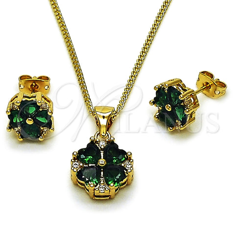 Juego de Arete y Dije de Adulto 10.342.0310 Oro Laminado, Diseño de Trébol de Cuatro Hojas y Corazón, con Zirconia Cubica Verde y Blanca, Pulido, Tono Dorado