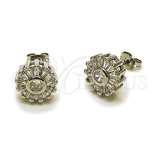 Arete Dormilona 02.342.0303.1 Rodio Laminado, Diseño de Baguette y Flor, con Zirconia Cubica Blanca, Pulido, Rodinado