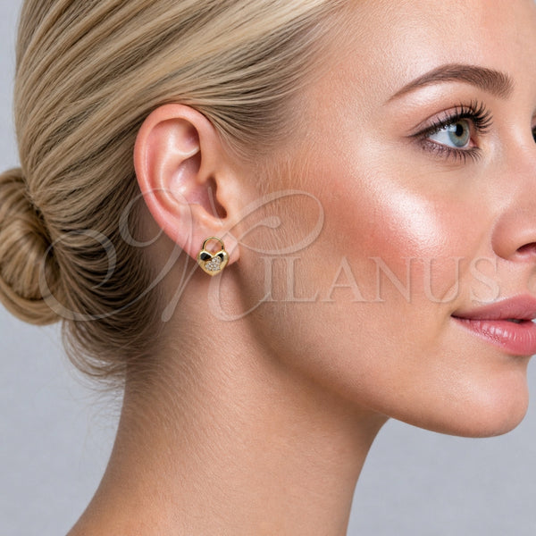 Arete Dormilona 02.342.0365 Oro Laminado, Diseño de Corazón y Candado, con Micro Pave Blanca, Pulido, Tono Dorado